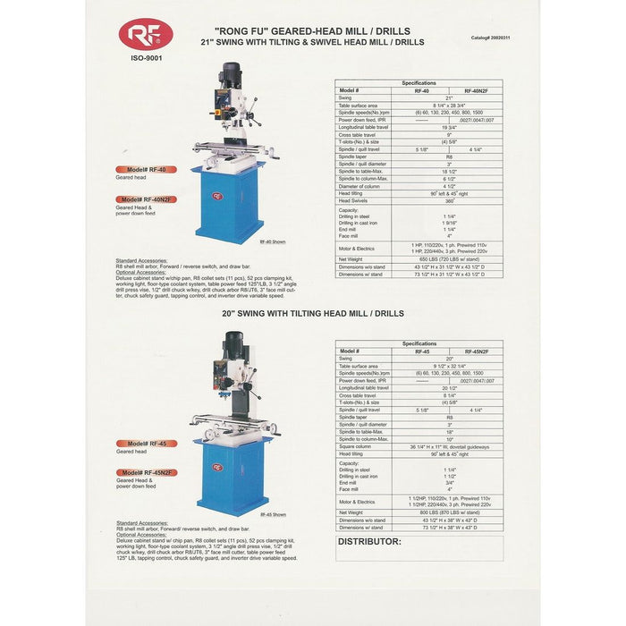 Birmingham Machine Tools Rong Fu Gear Head Bench Type Milling Drilling Machine, 3P, 220V - RF-45
